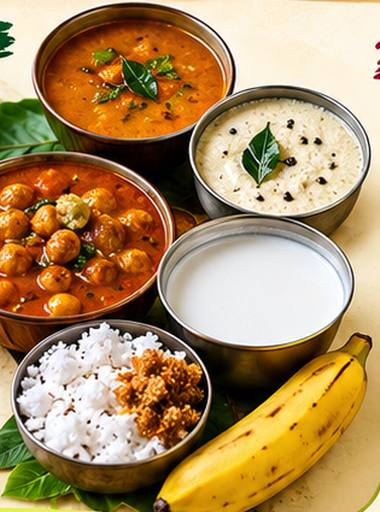 Bowls of sambar, chutney, channa curry, coconut milk, grated coconut with palm sugar, and a banana